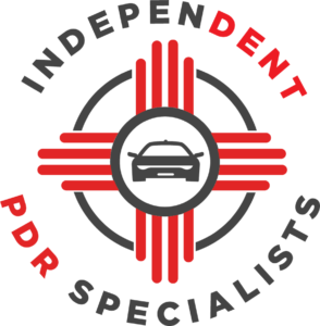 Logo for IndepenDent PDR Specialists. Zia symbol with a silhouette of a car in the center